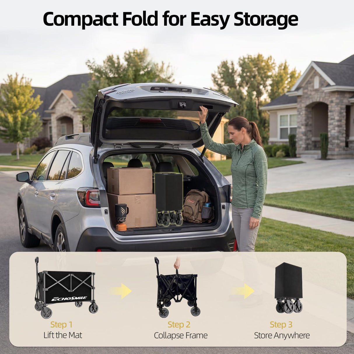 EchoSmile Easy Collapsible Wagon Cart, Folding for Grocery & Camping, Black
