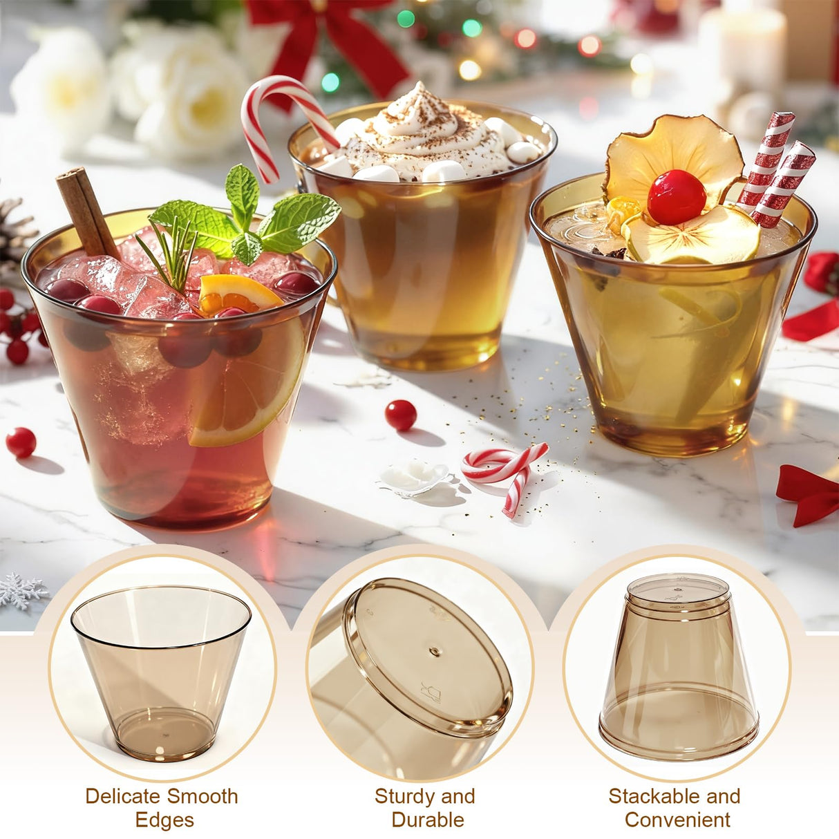 Glowserve 150 Pack Plastic Cups 9 oz Brown Clear Plastic Cups for Cocktail Fancy Disposable Cup for Party Stemless Wine Glasses for Wedding Thanksgiving Christmas Party Graduation