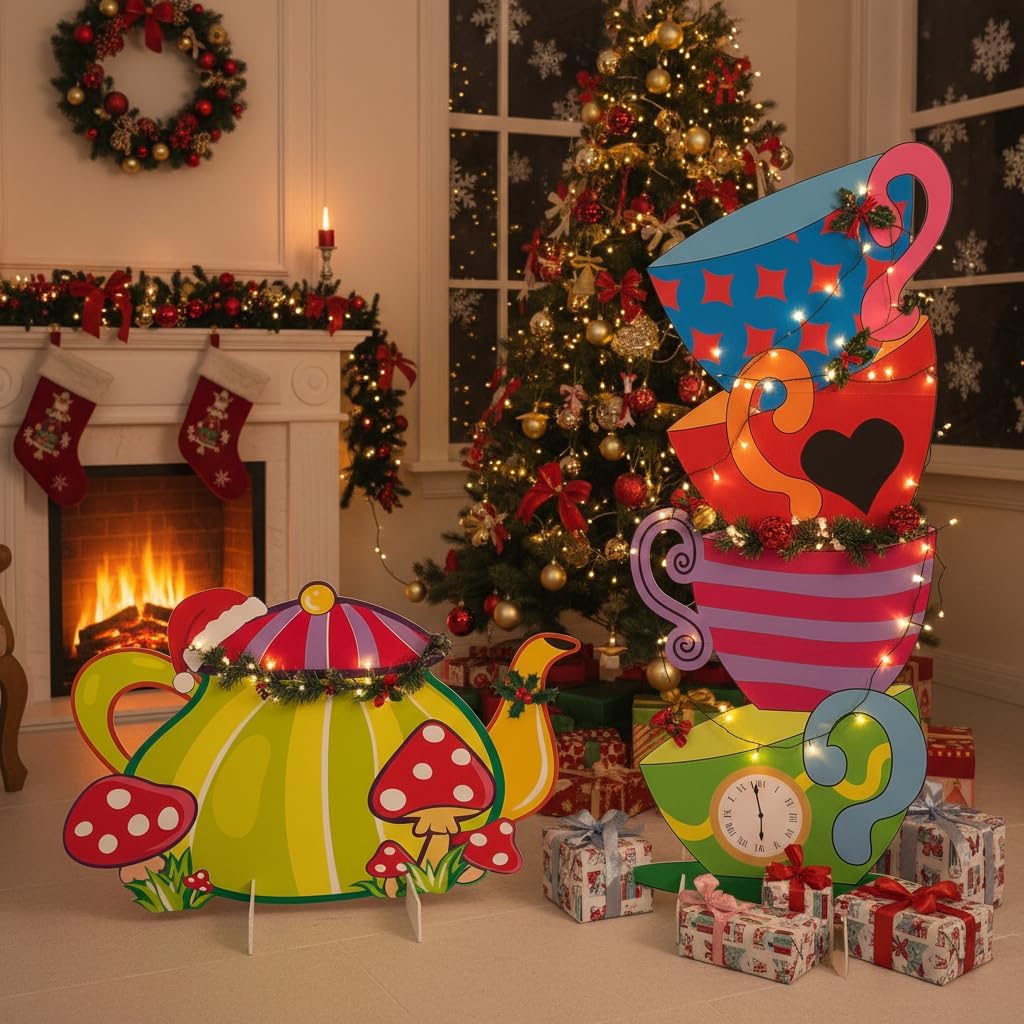 2 Pcs Giant Alice Party Decorations Props Sets Wonderland Yard Signs Decor Mad HatterTea Party Decoration Alice Themed Trick or Treat Stacked TeacupsTeapot with Stakes Stand Indoor Outdoor