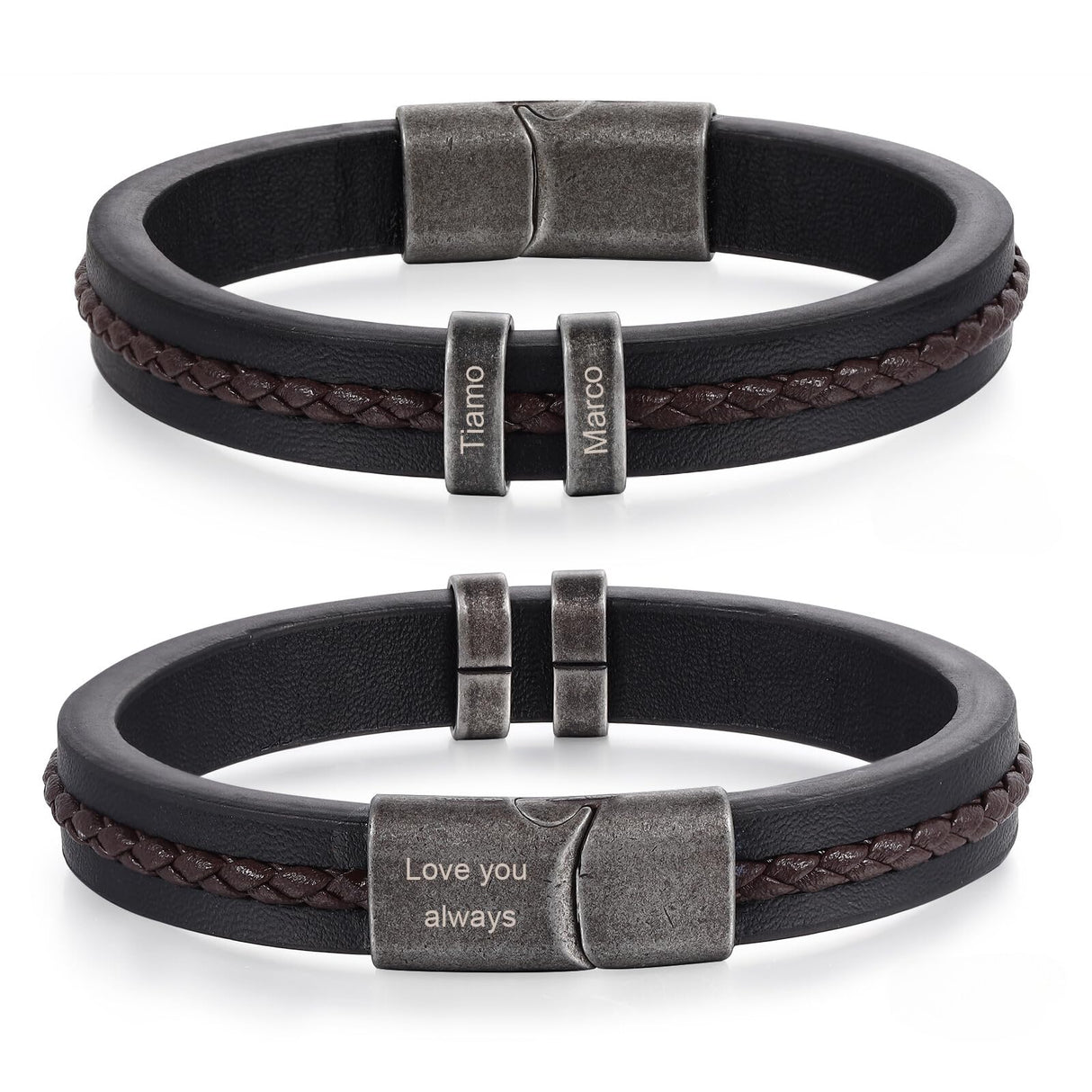 Jeweidea Gifts for Father's Day Personalized Leather Bracelet with Name Beads, Custom Braided Bangle Engraved Jewelry for Men Dad Him Husband (2 Names)