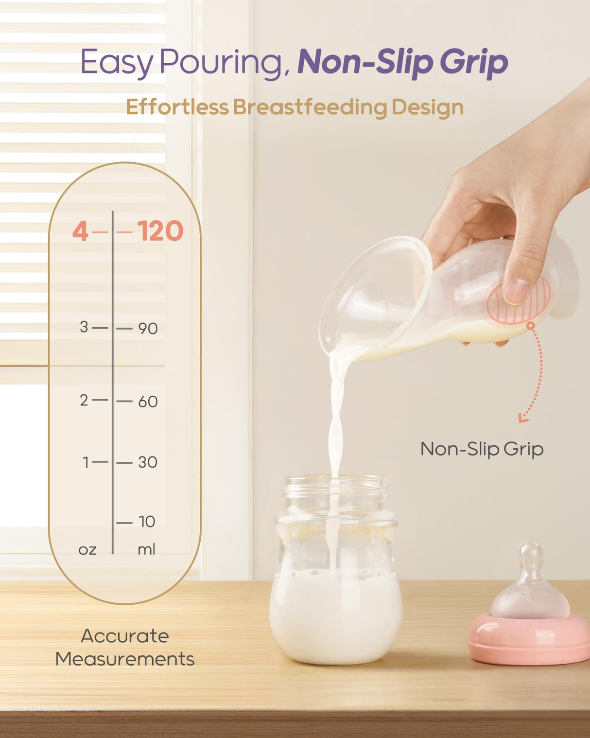 Nuliie Silicone Manual Breast Pump with Leak-Proof Lid & Suction Cup, 4oz/120ml BPA-Free, Wearable Hand Pump Breastmilk, Breast Milk Collectors for Breastfeeding Essentials, Includes Cleaning Brush
