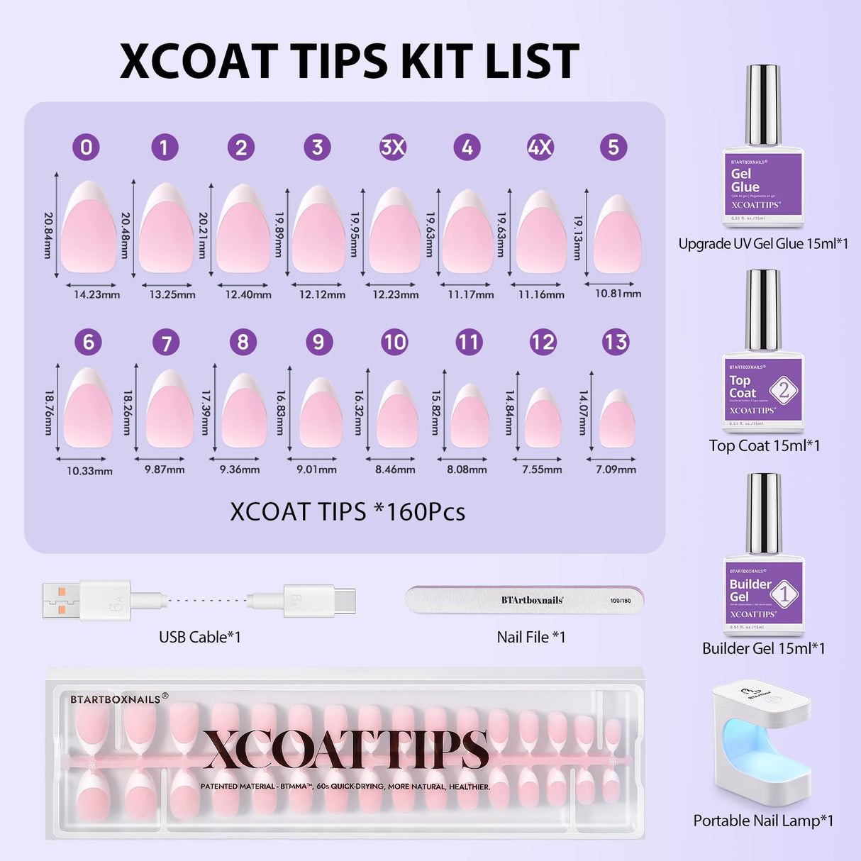 BTArtboxnails XCOATTIPS French Nail Tips - Short Almond Nail Tips with Nail Gel, French Protecing Duo, Nail Lamp, All in One Soft Gel French Tip Press on Nails Gel Extension Christmas Gift