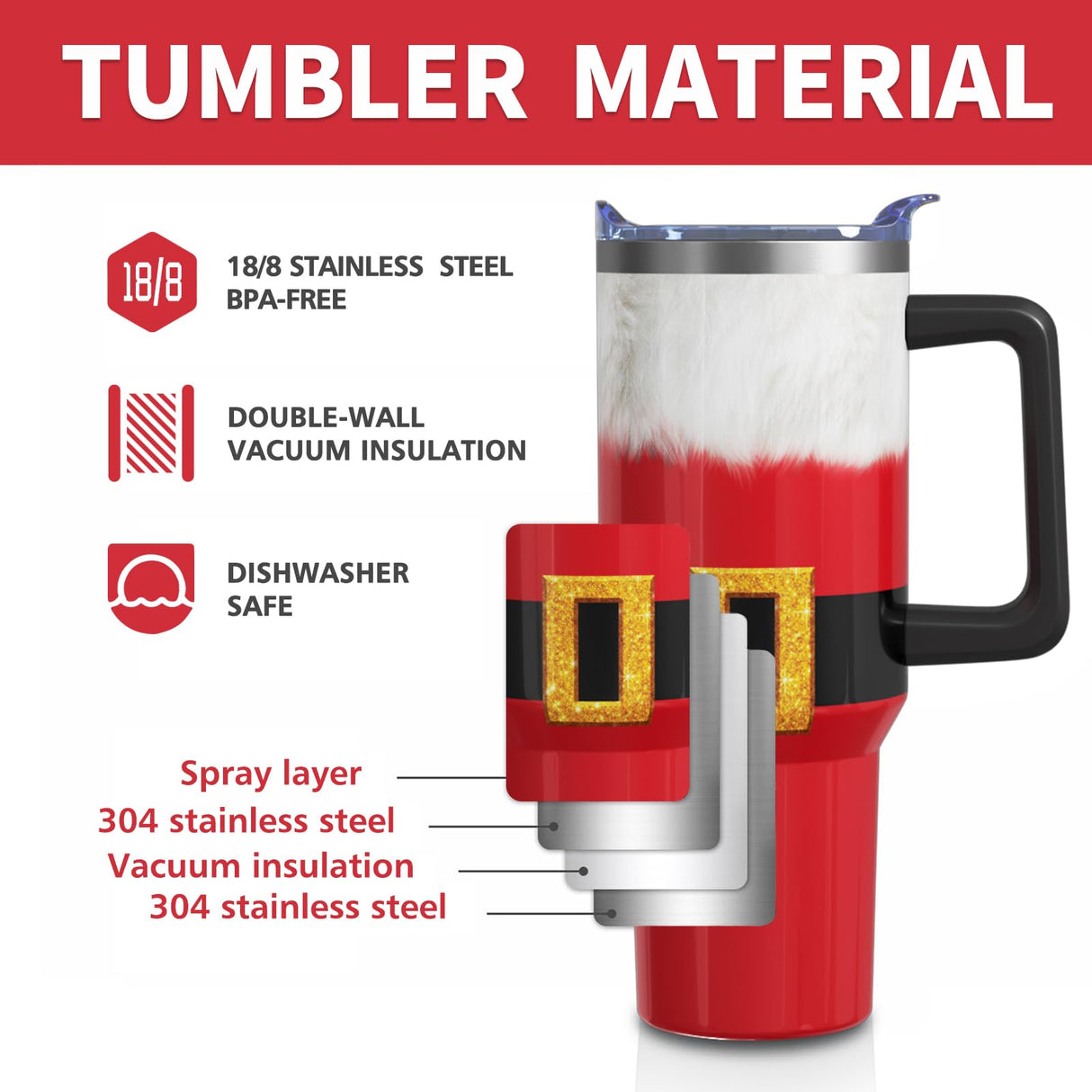 Aokoyi Christmas Gifts 40 Oz Tumbler with Handle and Straw, Red Xmas Santa Claus Clothes Stainless Steel Insulated Cup Water Bottle, Holiday Gifts for Women Men (1PC)