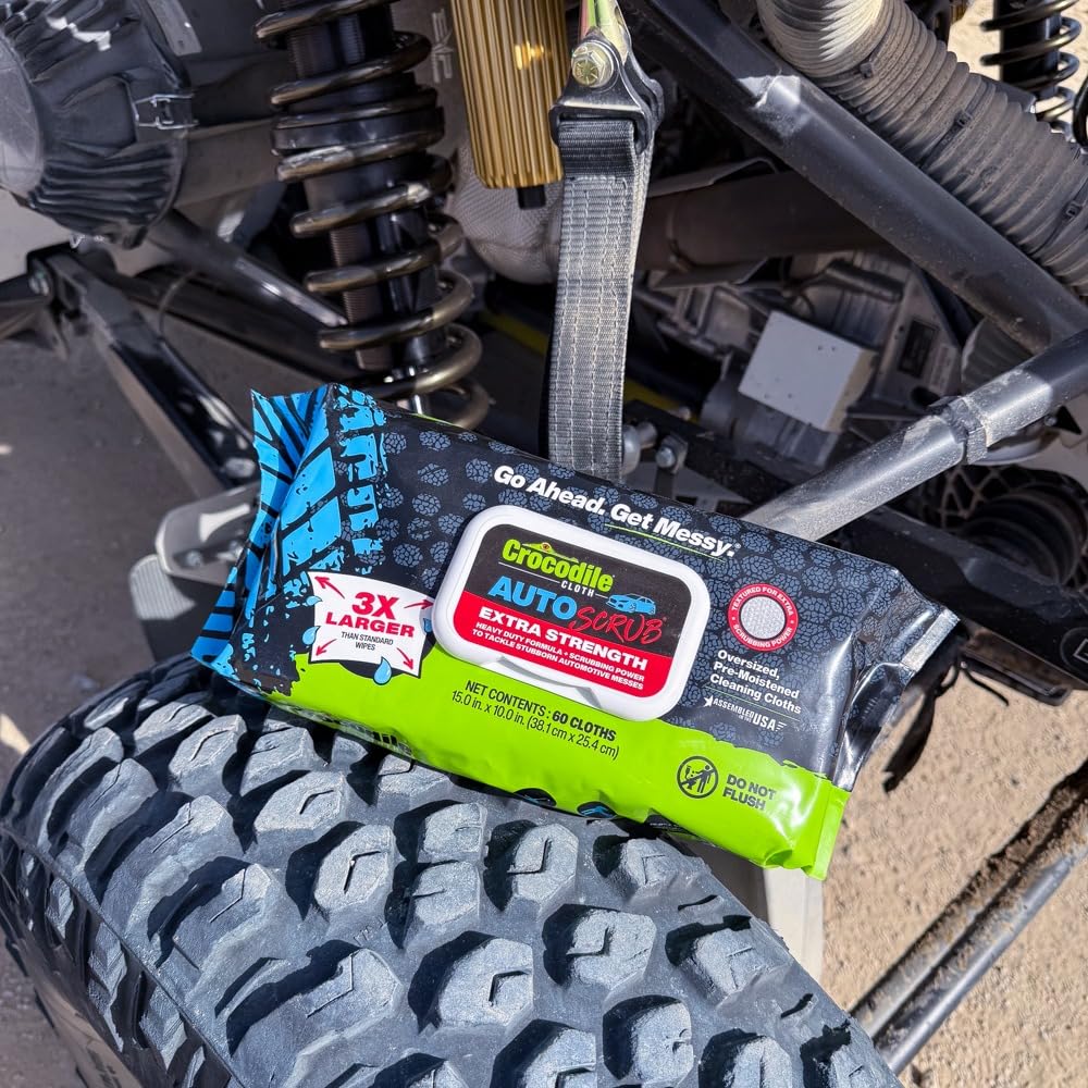 Crocodile Cloth AutoSCRUB Cleaning Wipes – 60-Count (15” x 10”) Cleaning Cloths Remove Oil, Grease, Paint, Tar, Brake Dust, Hydraulic Fluid, Silicone, Sealants & Road Grime from Tools & Hands