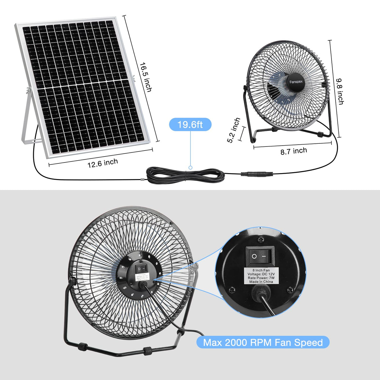 Fanspex 8" Solar Fan for Outdoor Chicken Coop, Small Greenhouse, Dog House Cooing or Air Circulation, 25W solar panel Powered Fans with Adjust Tilt