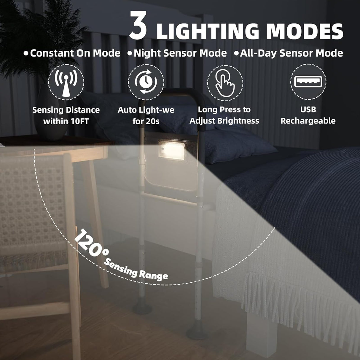 Bed Rails for Elderly Adults Safety: Adjustable Heights Assist Side Bed Rail with Motion Light & Storage Bag - Bed Railing Handle Support Bar Guard Rails Hold up to 350 Lbs for King Queen Full Twin