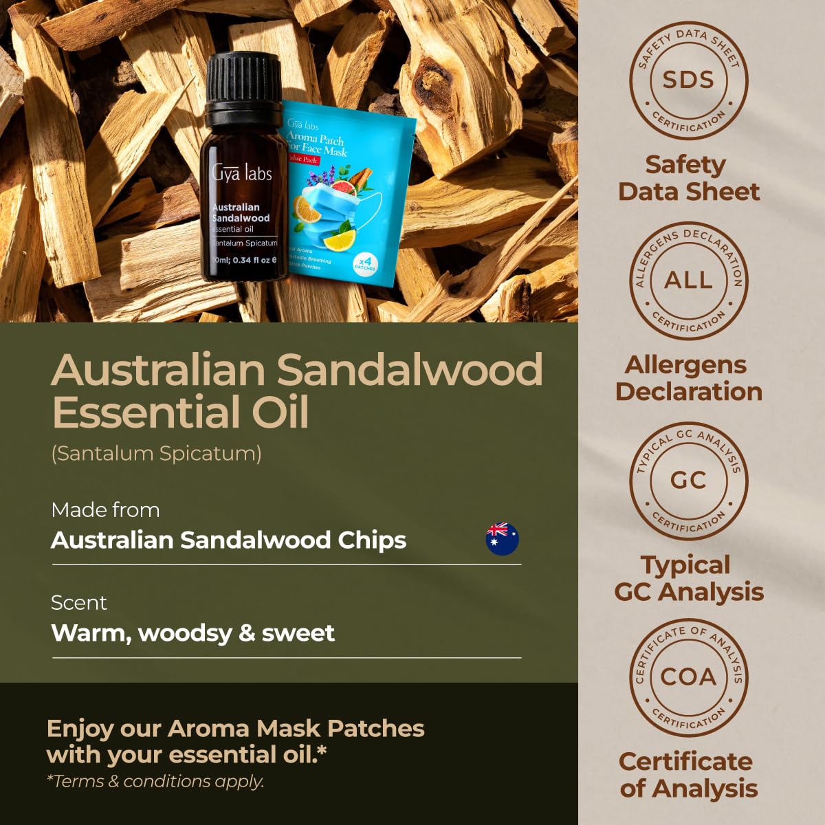 Gya Labs Australian Sandalwood Essential Oil for Skin & Hair - 0.34 Fl Oz - 100% Pure Natural Australian Sandalwood Oil for Diffuser, Aromatherapy Use & Candle Making - Warm Woodsy Scent