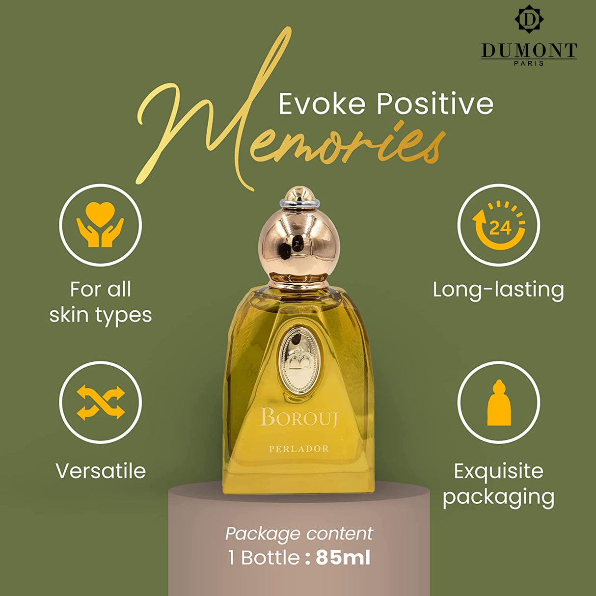 Dumont BOROUJ PERLADOR - 85ml - Unisex Perfume for Men & Women - Arab Inspired Fragrance with Musky Notes - Long Lasting Cologne Mist & Body Spray - for Him & Her