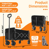 Wagons Carts Foldable, Collapsible Wagon, Folding Wagon Cart with Wheels, Wagons Carts Foldable 280 Lbs - Lightweight Portable Small Fold Up for Camping, Travel, Sports, Grocery, Shopping, Black