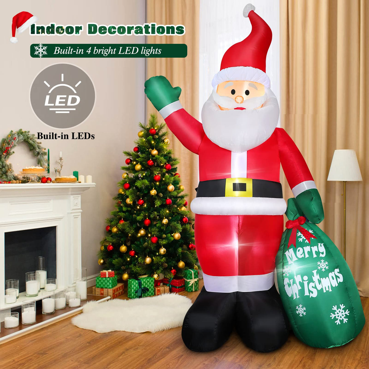 8 FT Christmas Inflatable Santa Claus Outdoor Decoration for Yard, Blow up Santa Decor with Big Gift Bag, Built-in LED Lights for Garden Patio Lawn Home Indoor Winter Holiday Party, IP44 Weatherproof