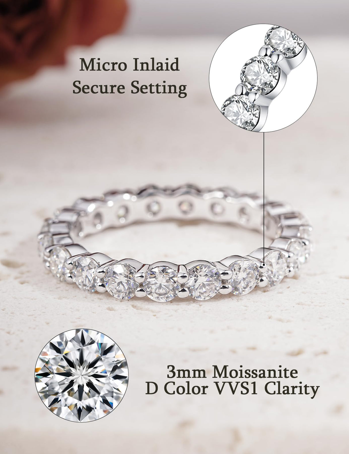 IMOLOVE Moissanite Wedding Band for Women, 3MM 18K White Gold Plated Sterling Silver Full Eternity Ring D Color VVS1 Round Cut Anniversary Promise Jewelry Size 8– Shine Bright, Spend Light