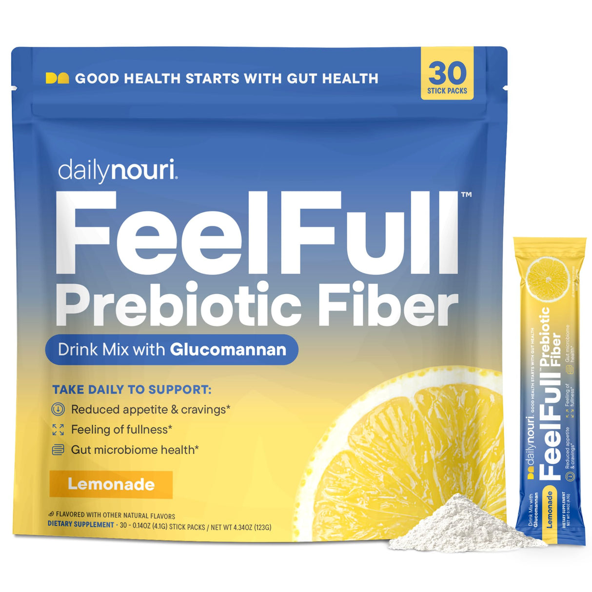 Daily Nouri FeelFull Prebiotic Fiber Drink Mix with Glucomannan & Chromium | for Natural Feeling of Fullness, Appetite & Cravings Support, Gut Microbiome & Metabolic Health | 30 Stick Packs