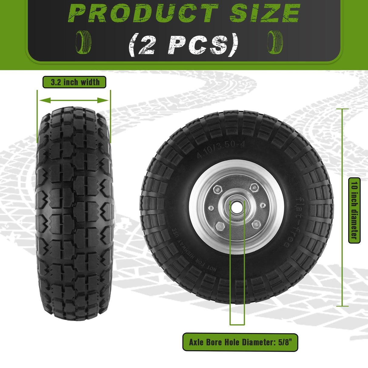 4 Pcs 4.10/3.50-4" Tire and Wheel Flat Free, 10 Inch Solid Rubber Tires with 5/8" Axle Bore Hole, 2.2" Offset Hub for Hand Truck, Wheelbarrow, Gorilla Cart, Garden Wagon Cart, Dolly, Utility Cart