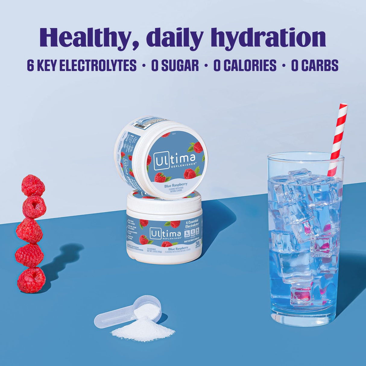 Ultima Replenisher Daily Electrolyte Powder Drink Mix – Sugar Free – Blue Raspberry, 30 Servings – Hydration Powder with 6 Electrolytes and Trace Minerals – Keto Friendly, Vegan, Non-GMO