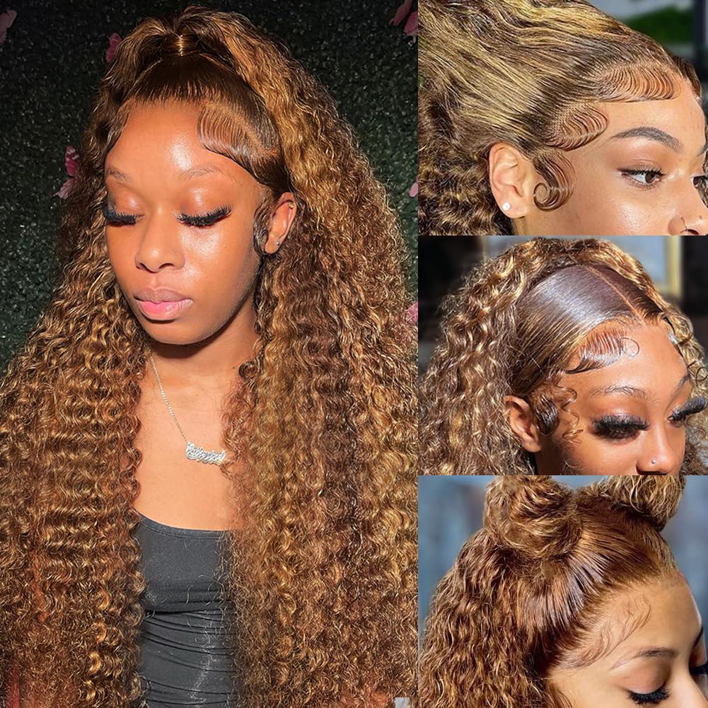 bangjazz 26 Inch Highlight Ombre Lace Front Wig Human Hair Deep Wave 13x4 HD Lace Frontal Wigs Human Hair 180% Density P4/27 Colored Curly Wigs for Women Human Hair Glueless Pre Plucked Wig