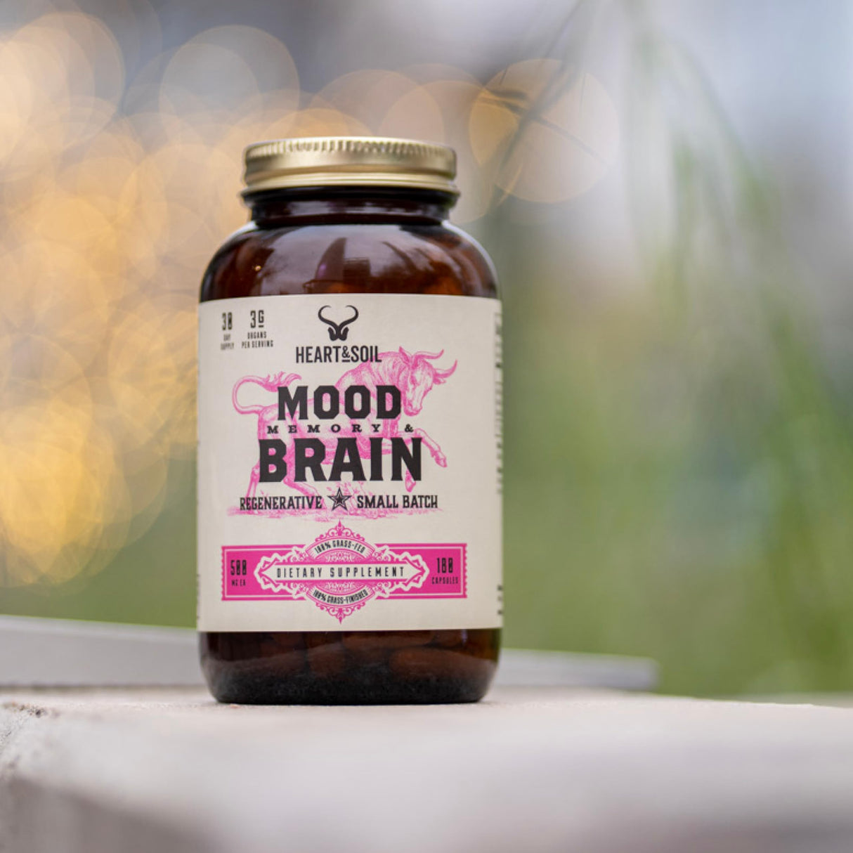 HEART & SOIL Grass Fed Beef Brain Supplement – 3000mg Brain Supplements for Memory and Focus with DHA, EPA, Choline, B12, Folate, Riboflavin, Selenium & Copper - Non-GMO, Allergen-Free - 180 Capsules