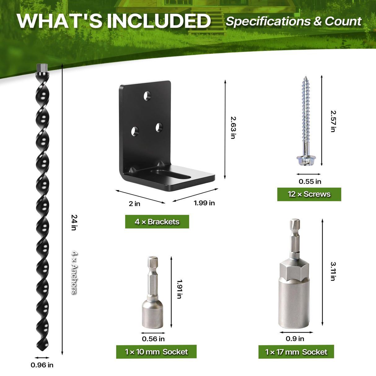 24" Heavy Duty Ground Anchors Screw in, Set of 4 Mobile Home Anchors, Multi-Purpose Earth Anchors with Brackets and Adapter for Drill, Ideal for Mobile Homes, Storage Sheds and Carports(Black)