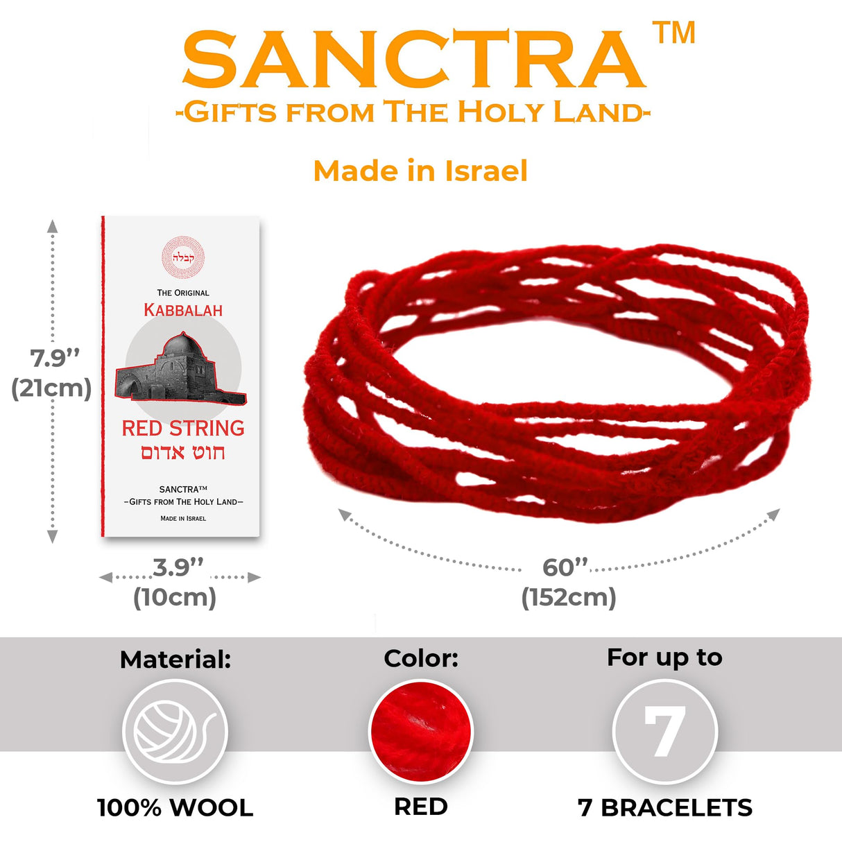 The Original Kabbalah Red String, Handmade and Blessed in The Holy Land, 100% Wool Strand, 60" Long for up to 7 Evil Eye Bracelets -incl. Prayer, Instructions & SOA