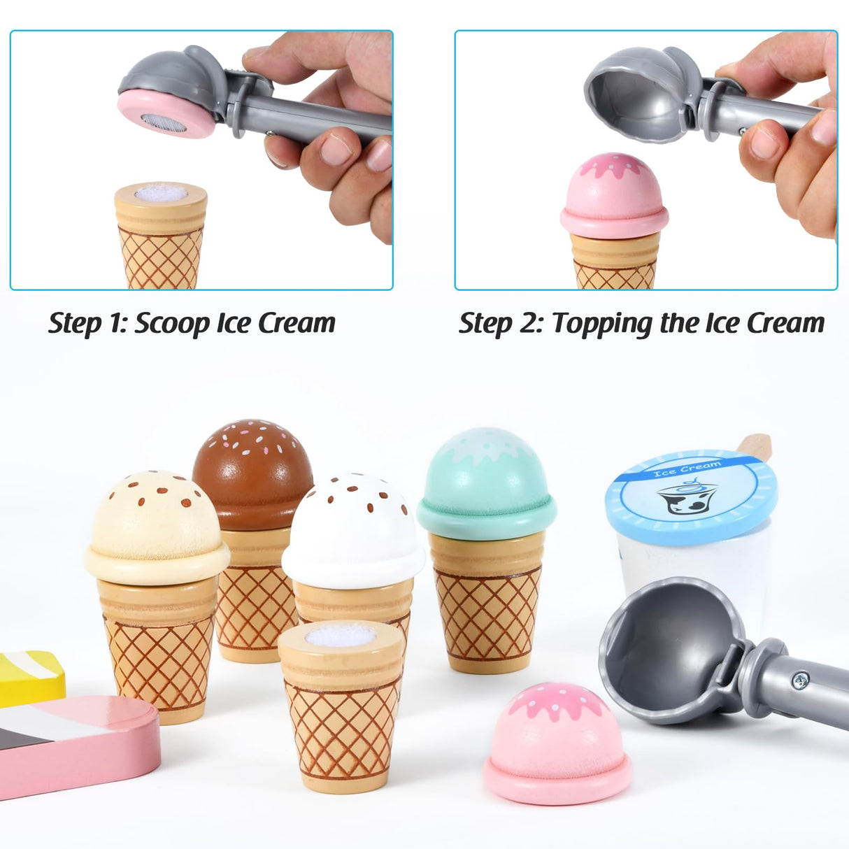 Wooden Ice Cream Toys Kids Play Store Pretend Toy for Toddlers, Play Kitchen Accessories with Scoop, Menu, Fake Money, Ice Cream Play Set Birthday Christmas Gifts for 3 4 5 6 Year Old Girls Boys