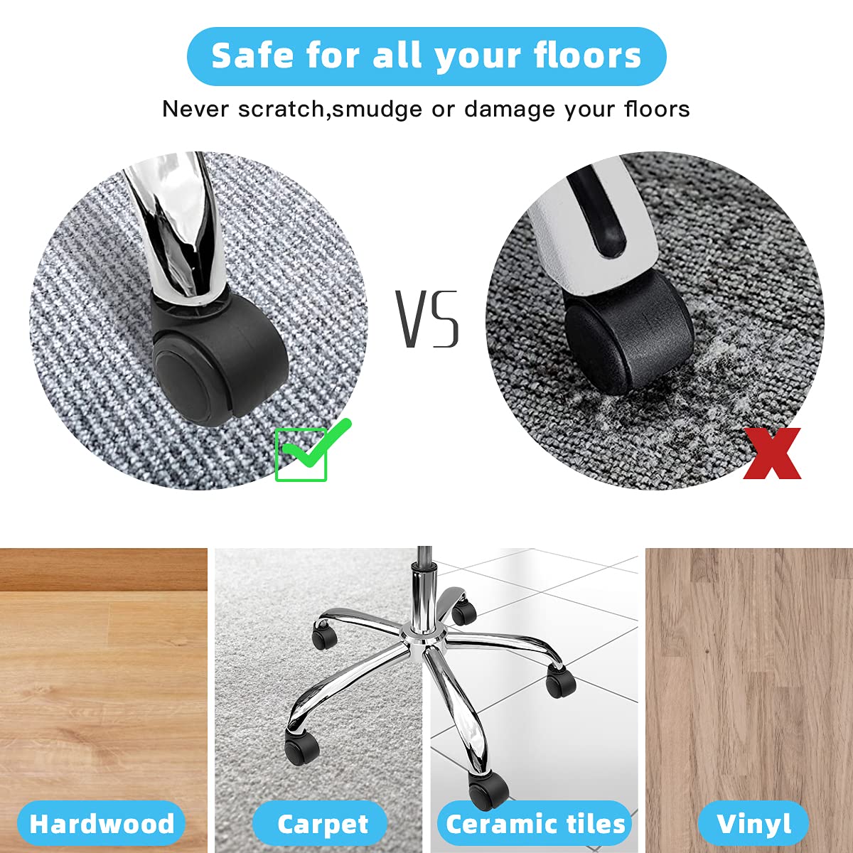 Office Chair Caster Wheels Replacement(Set of 5) for Hardwood Floors and Carpet- Heavy Duty Caster Support up to 1000bls, Office Chair Wheels,2 inch,Universal Size (Black)