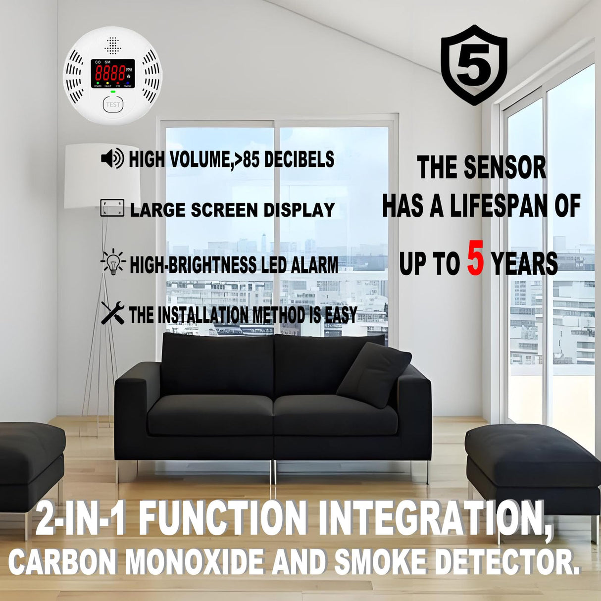 Vzmcov Carbon Monoxide and Smoke Detector Equipped with LCD Display, Battery Powered, Dual Sensor Alarm, 85dB Voice Alarm and Real-time CO Tracking, Suitable for Home/Kitchen/Bedroom/RV 1-Pack