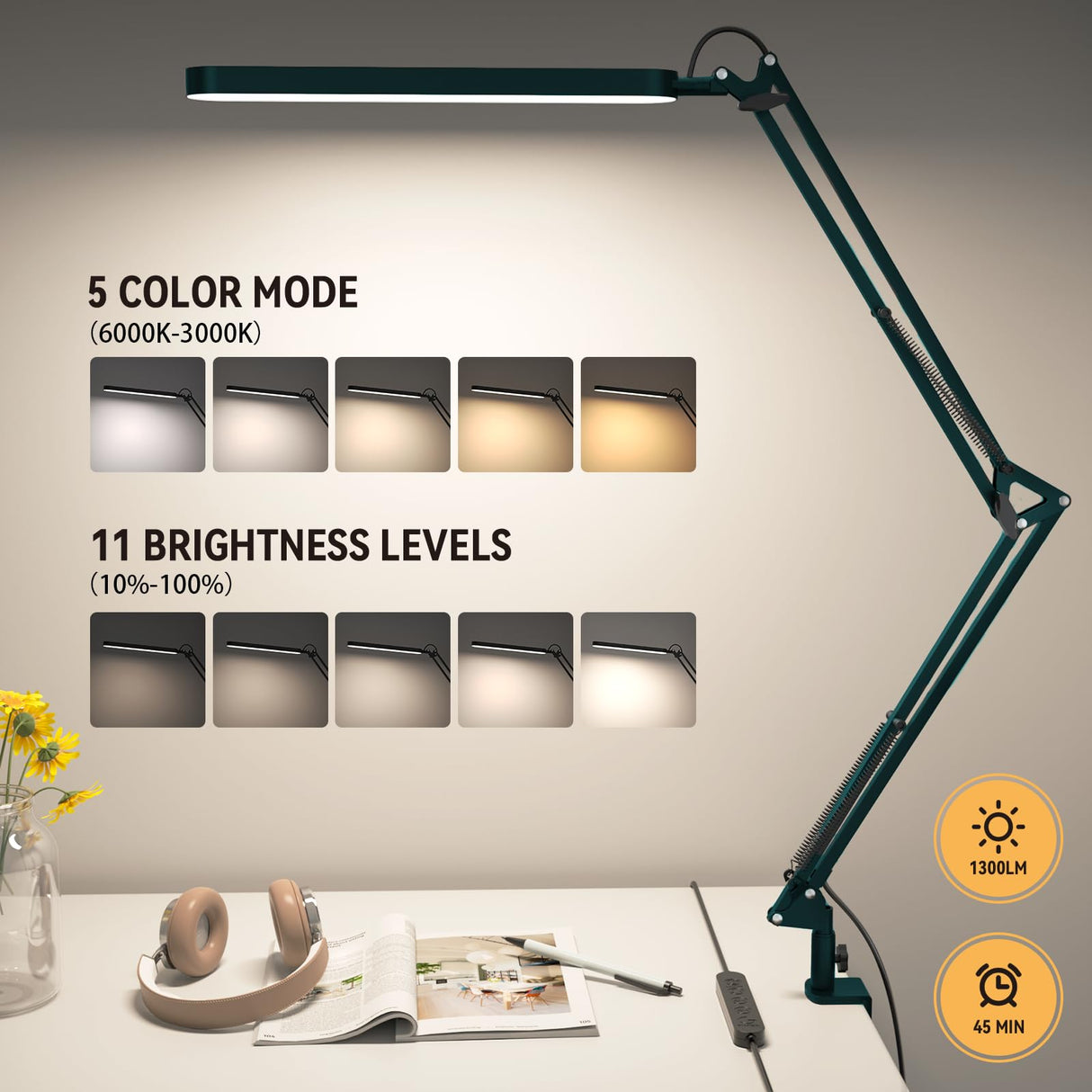 SKYLEO Desk Lamp - LED Desk Light - 5 Color Modes X 11 Brightness Levels - Adjustable Swing Arm - Timmer & Memory Function - 12W Lamp for Desk - Green