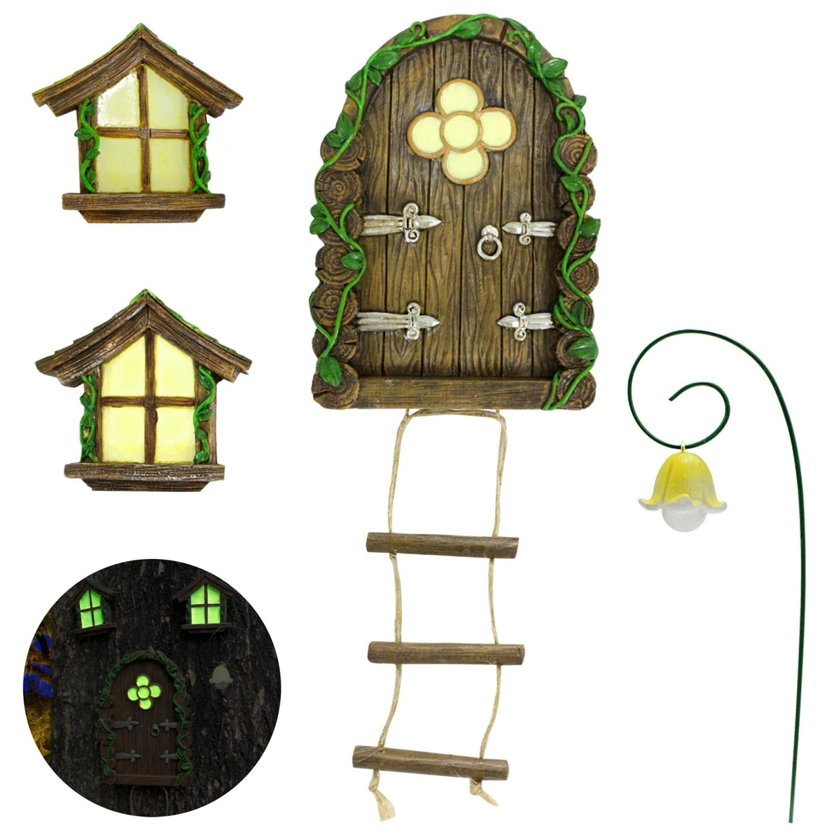 Fairy Door and Windows Garden Kit Accessories Outdoor, Glow in Dark Gnome House for Tree, Lawn Yard Art Sculpture, Miniature Garden Decor (Ladder)