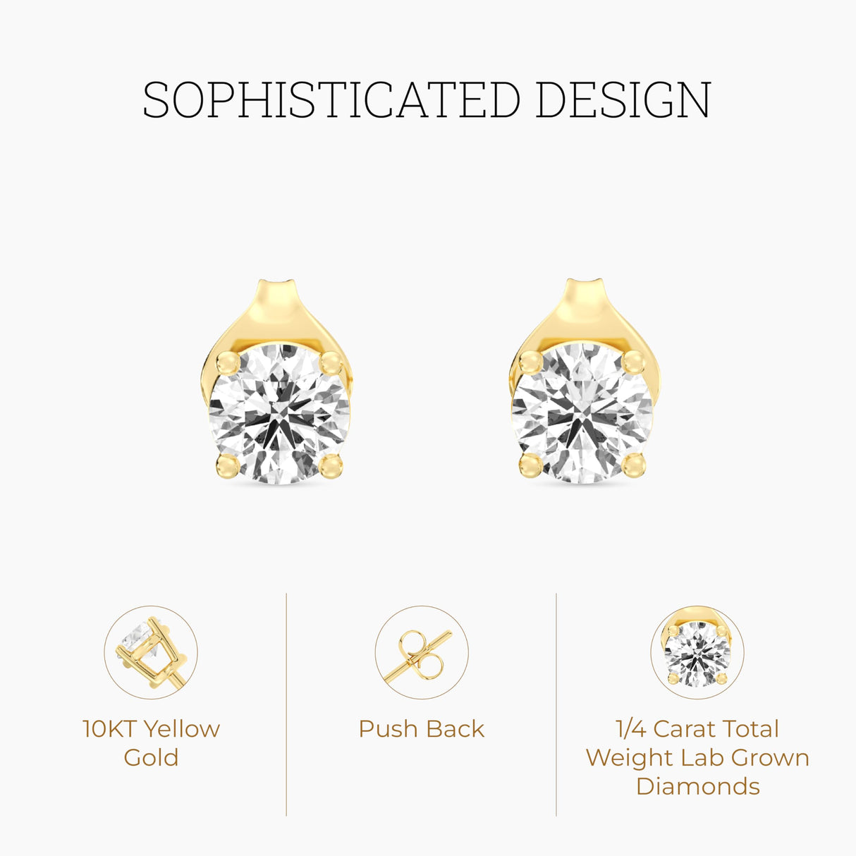 Gilded 1/4 Carat Total Weight Lab-Grown Diamond 10KT Yellow Gold Stud Earrings for Women| Hypoallergenic Fine Gold Jewelry | 4-Prong Basket, Push Back Nut | SI1 Clarity, F Color, Round Cut
