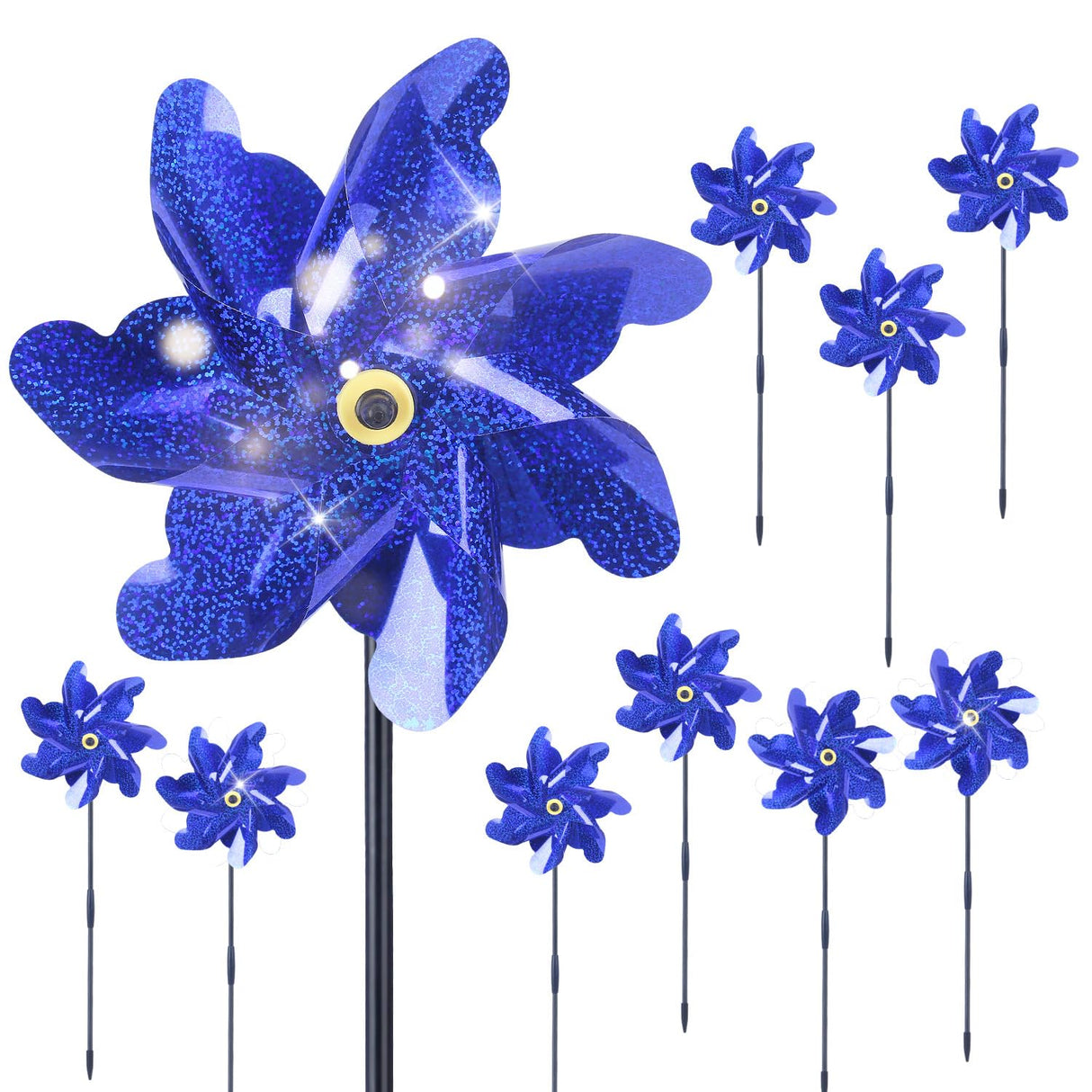 BATTIFE Reflective Pinwheels for Yard and Garden, Pre-Installed Sparkly Blind Birds Pin Wheel, Scare Birds & Animal Away Wind Spinner, 10 Pack (Blue)