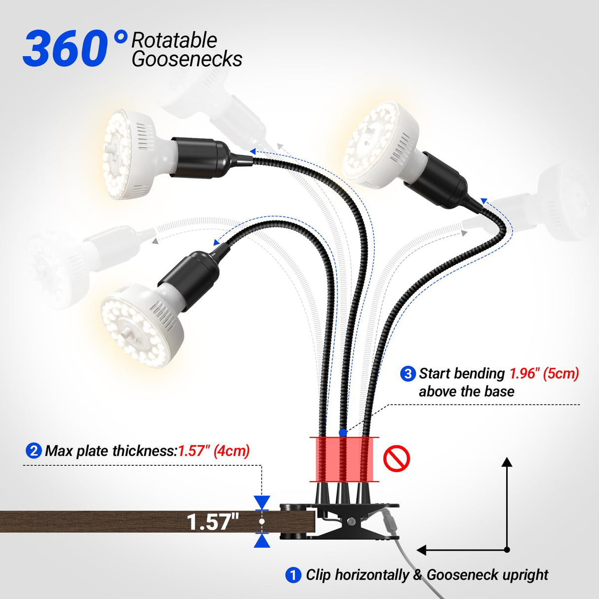 Barrina Orbgrow OG11A3 Clip On Grow Lights for Indoor Plants, Integrated Stepless Dimming & Timing, 4000K 33W(3 x 11W, 300 Watt Equiv), Full Spectrum 3-Gooseneck with E26 Plant Light Bulbs
