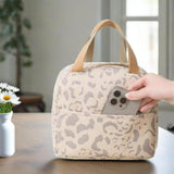 Arae Insulated Lunch Bag, 9 x 5.5 x 8 inches, Leopard Print, Waterproof Cooler Tote with Front Pocket (Beige)