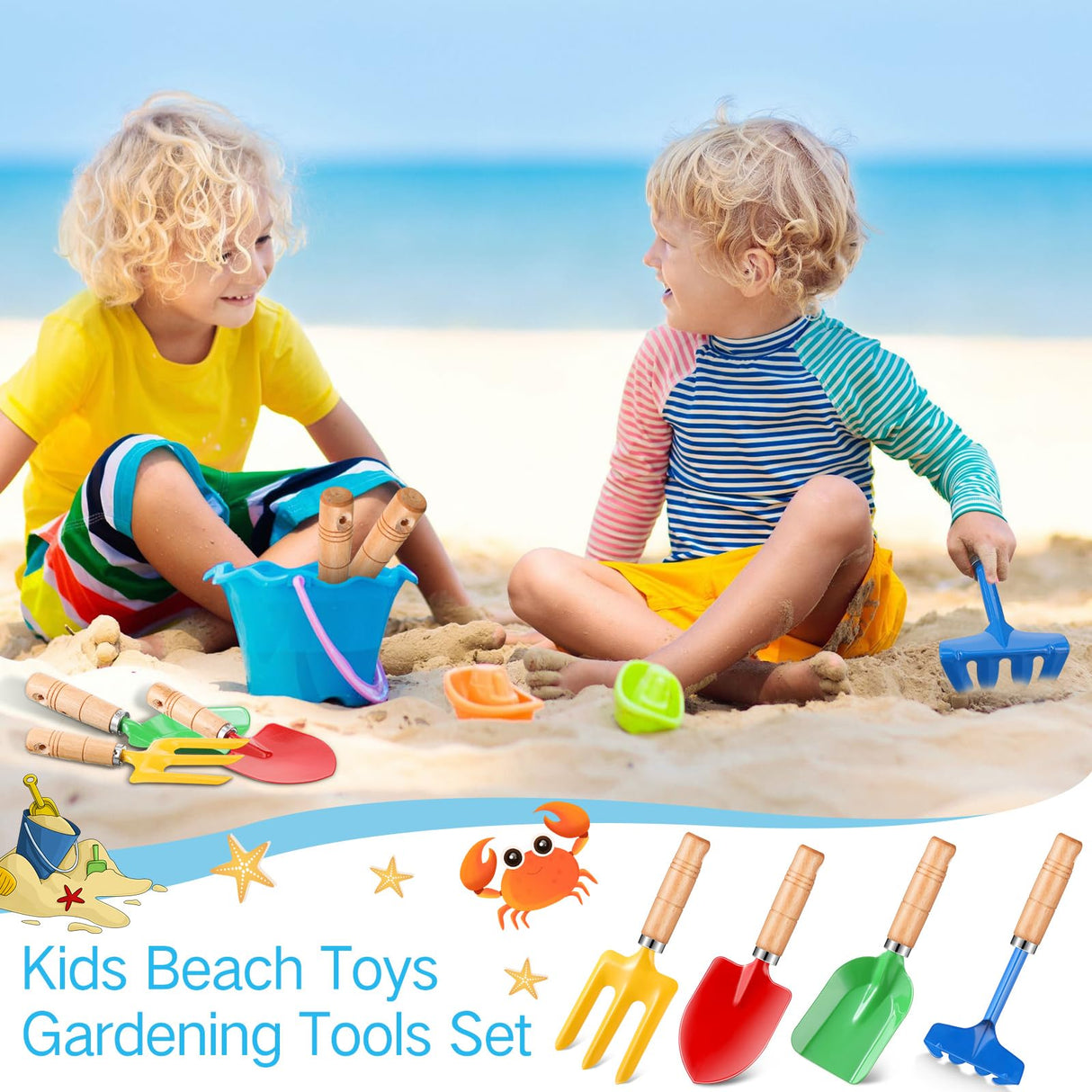 Motionchic 24 Pcs 8" Kids Gardening Tools, Metal Beach Sandbox Digging Toys with Wooden Handle, Including Shovel, Rake, Fork and Trowel, Garden Sand Snow Tools for Children Gift Outdoor Gardening