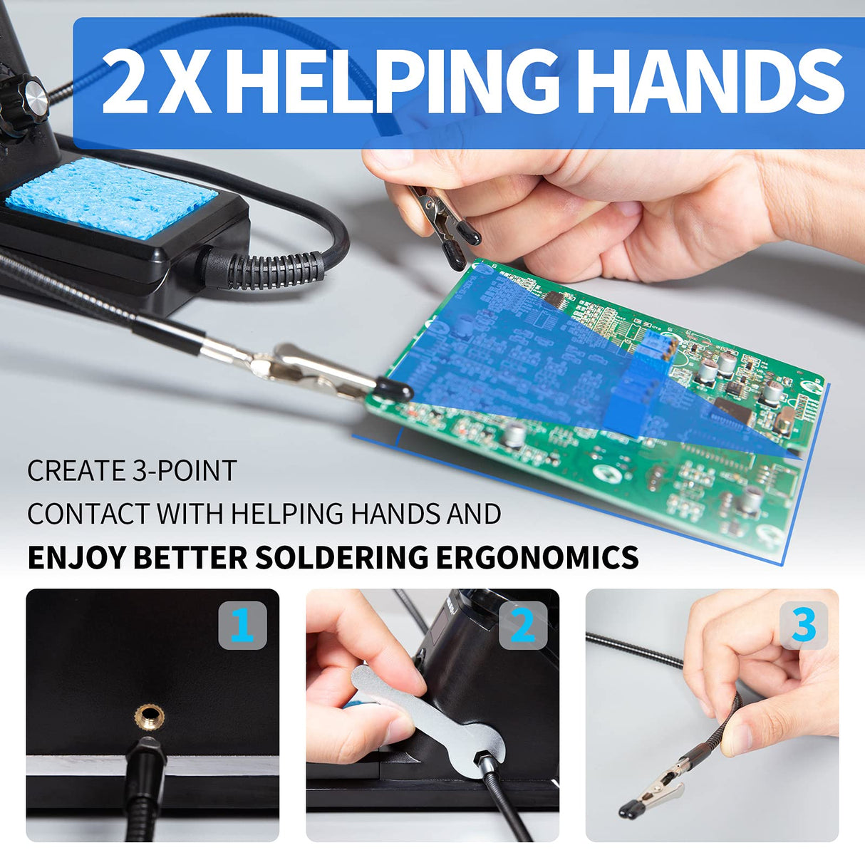 YIHUA 926 III 60W Digital Display Soldering Iron Station Kit w 2 Helping Hands, 6 Extra Iron Tips, Lead-Free Solder, Solder Sucker, S/S Tweezers, °C/ºF Conversion, Auto Sleep & Calibration Support