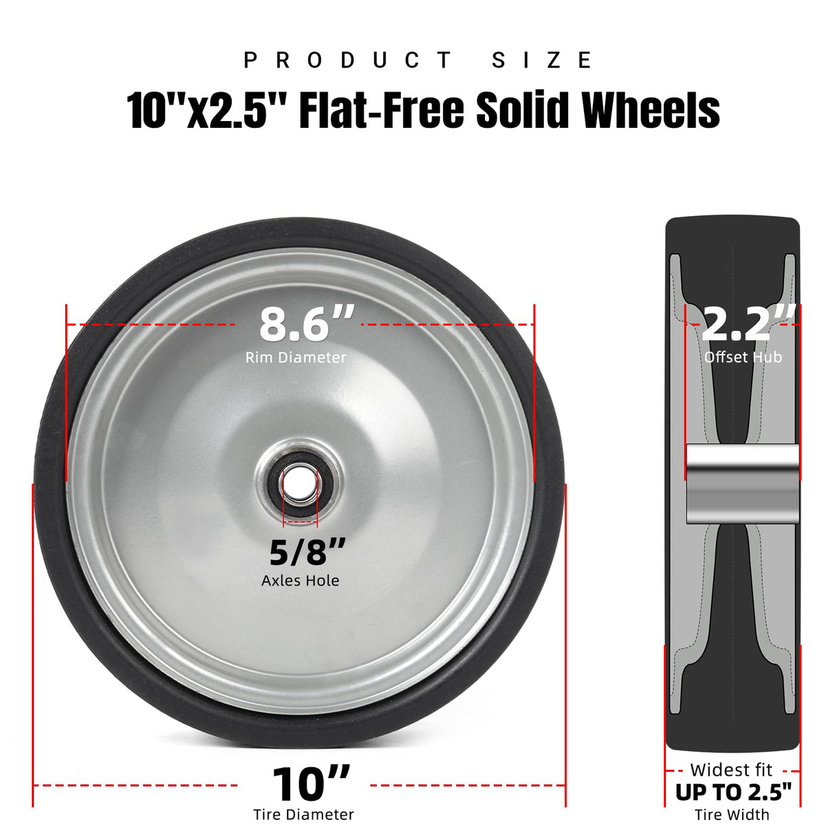 AR-PRO (2-Pack) 10"x2.2" Flat Free Solid Rubber Replacement Tires – 10 Inch Solid Wheels for Hand Trucks, Dollies, Utility Carts, and Wheelbarrows with 2.2" Offset and 5/8" Axle Hole