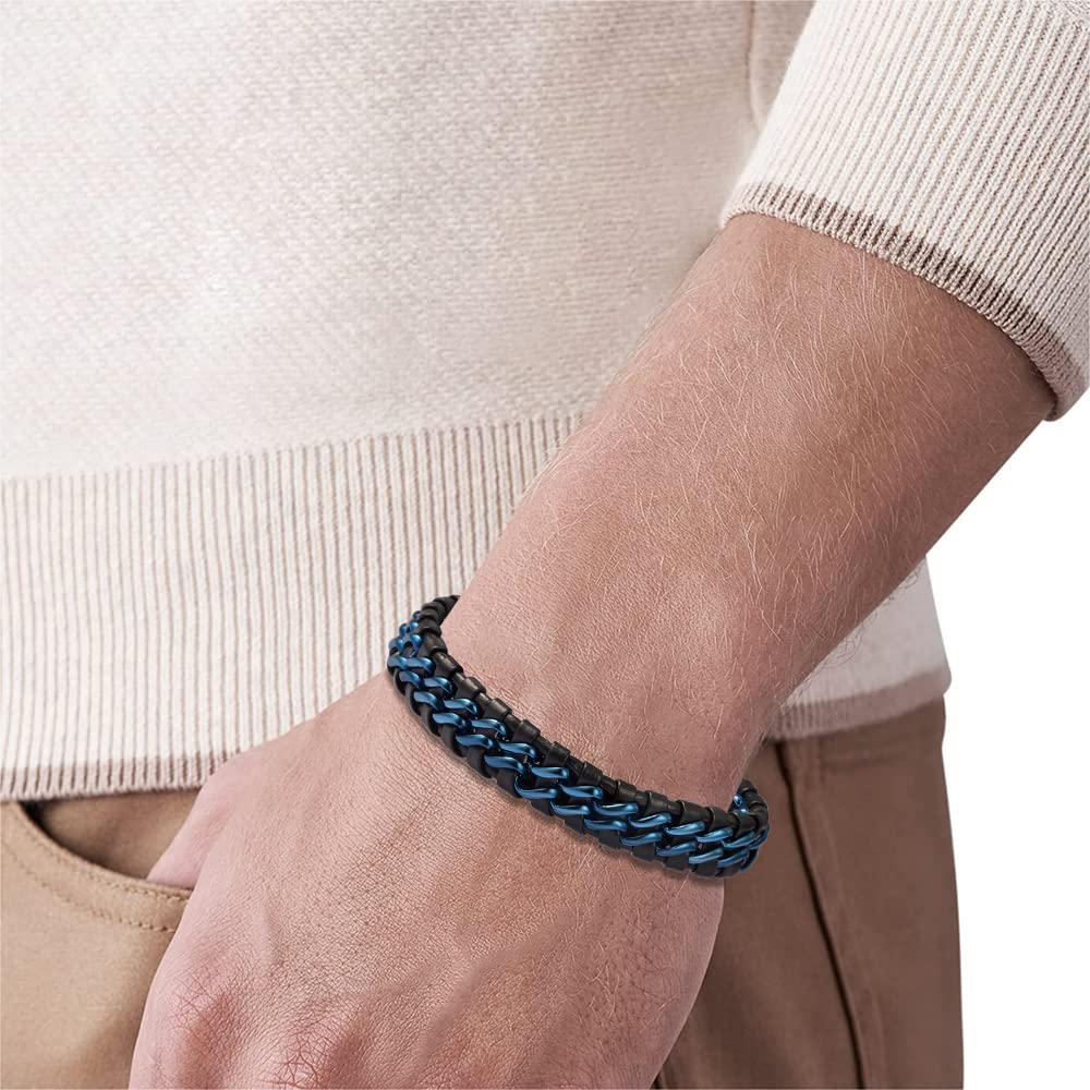 Magna Steel Men's Braided Genuine Leather Link Steel Chain Bracelet (Blue)