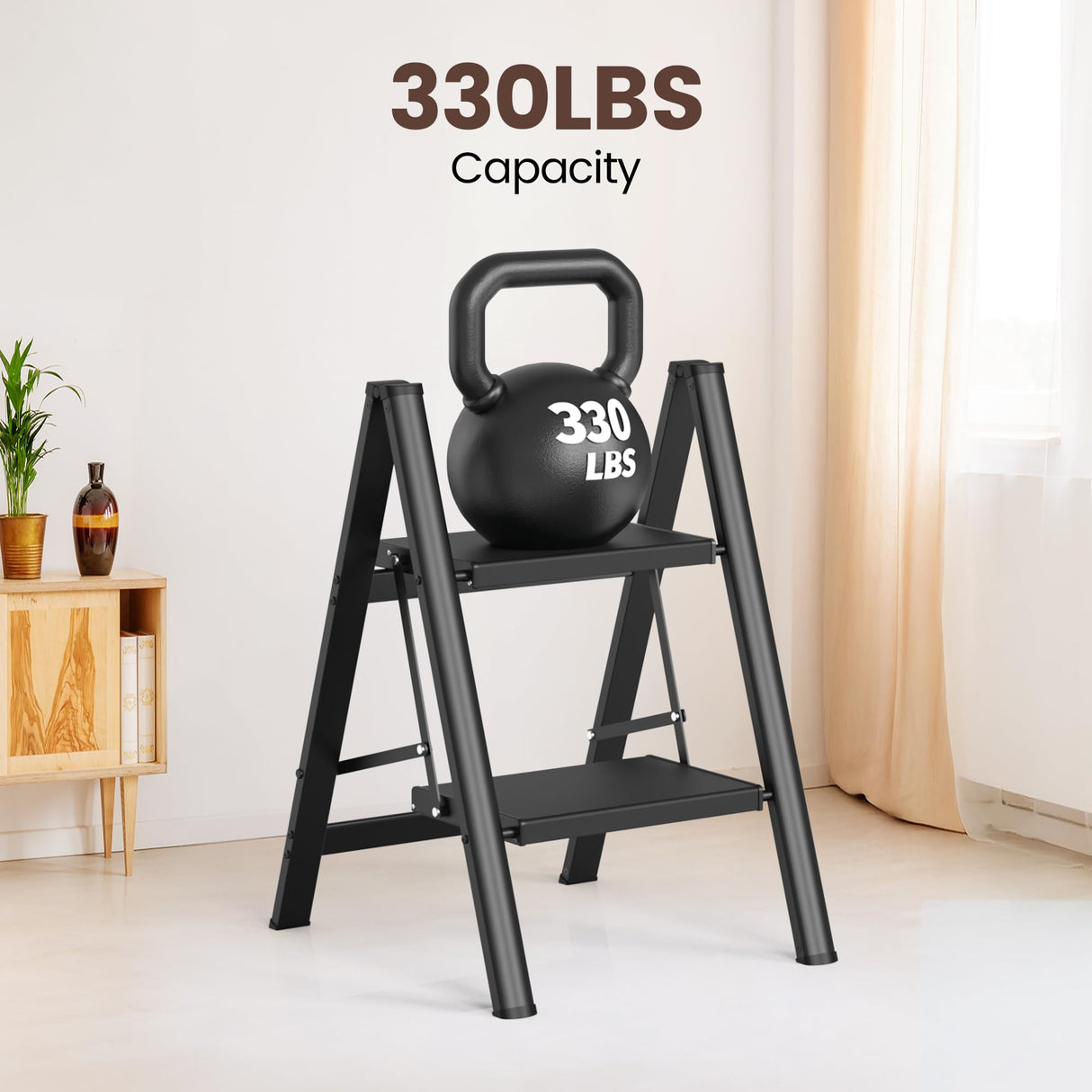 HBTower Step Ladder,Lightweight Aluminum Folding Step Stool with Anti-Slip Wide Pedal,330lbs Capacity Step Ladder for Household,Kitchen,Office - Black
