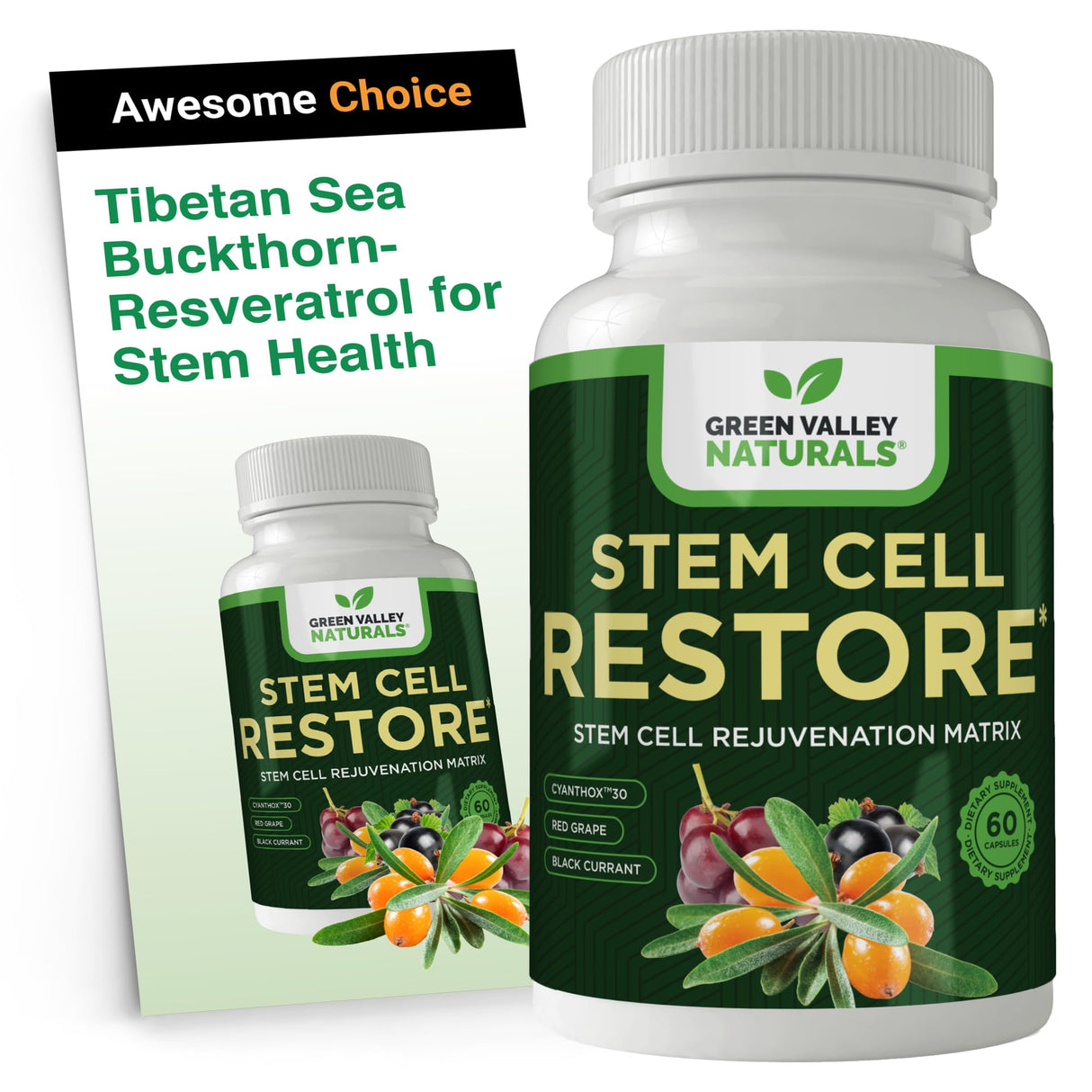GREEN VALLEY NATURALS Stem Cell Supplement - Organic Tibetan Sea Buckthorn-Resveratrol, Vitamin D, Bishop's Hat Extract (1 Bottle, 60 Count)