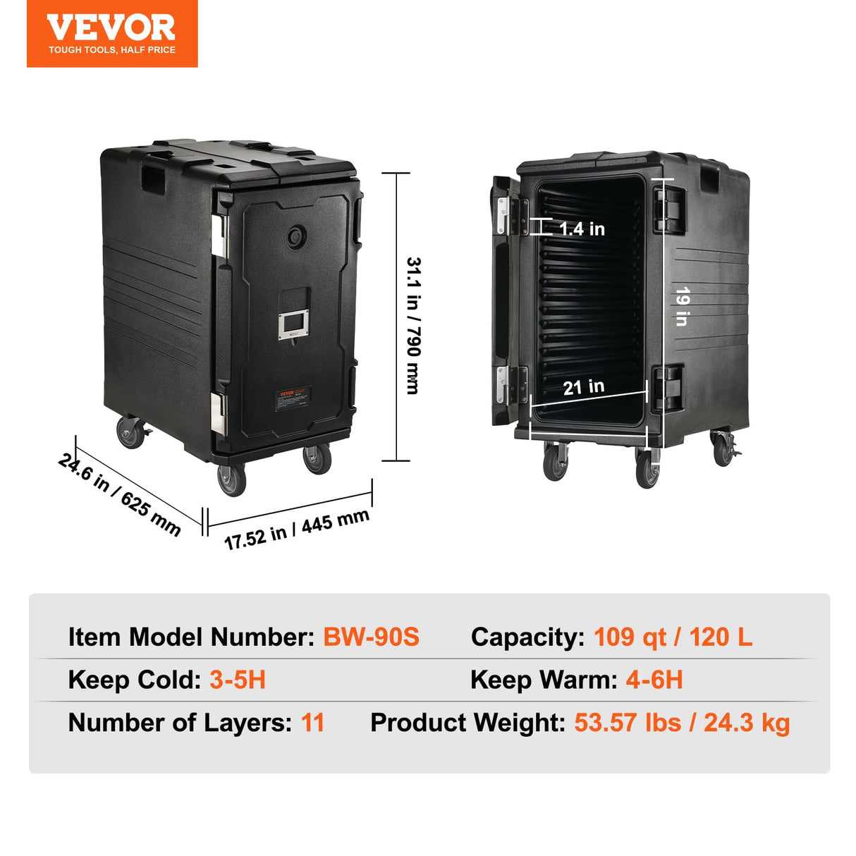 VEVOR Insulated Food Pan Carrier, 127 Qt Hot Box for Catering, LLDPE Food Box Carrier w/Double Buckles, Front Loading Food Warmer w/Handles, End Loader w/Wheels for Restaurant, Canteen, etc. Black