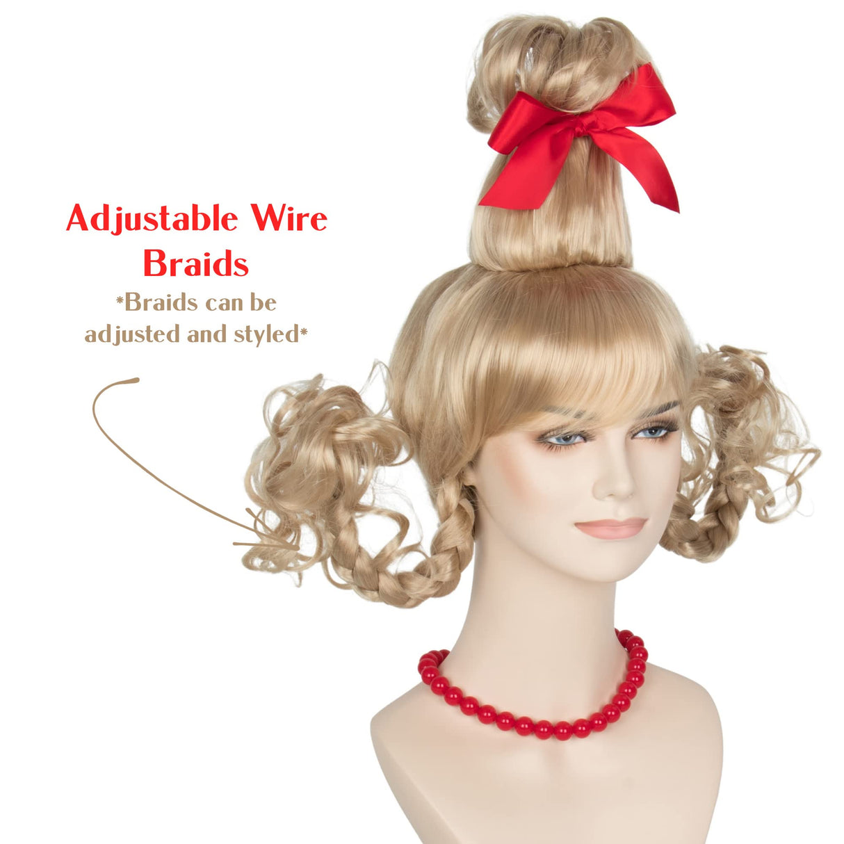 Koonfan Christmas Blonde Wig with Red Bow and Necklace Girls Women Long Braids Christmas Costume Wig Accessory