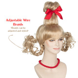 Koonfan Christmas Blonde Wig with Red Bow and Necklace Girls Women Long Braids Christmas Costume Wig Accessory