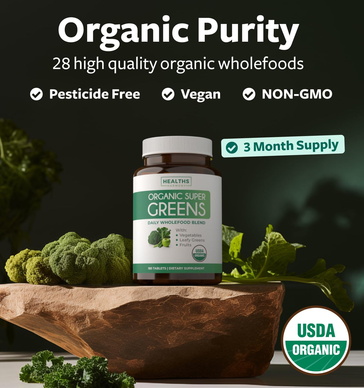 USDA Organic Super Greens Supplement - Organic Greens Fruits and Vegetable Supplement for Adults with 28 Superfood Complex with Superfruits Roots Herbs & More - Vegan & Non-GMO (Up to 3 Month Supply)