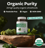 USDA Organic Super Greens Supplement - Organic Greens Fruits and Vegetable Supplement for Adults with 28 Superfood Complex with Superfruits Roots Herbs & More - Vegan & Non-GMO (Up to 3 Month Supply)