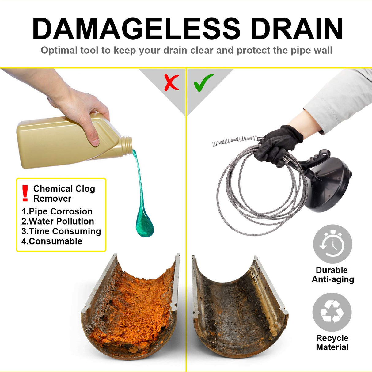 Drainsoon Drain Auger 25 Ft with Gloves, Plumbing Snake Drain Auger Hair Clog Remover, Heavy Duty Pipe Drain Clog Remover for Bathtub Drain, Bathroom Sink, Kitchen Cleaning