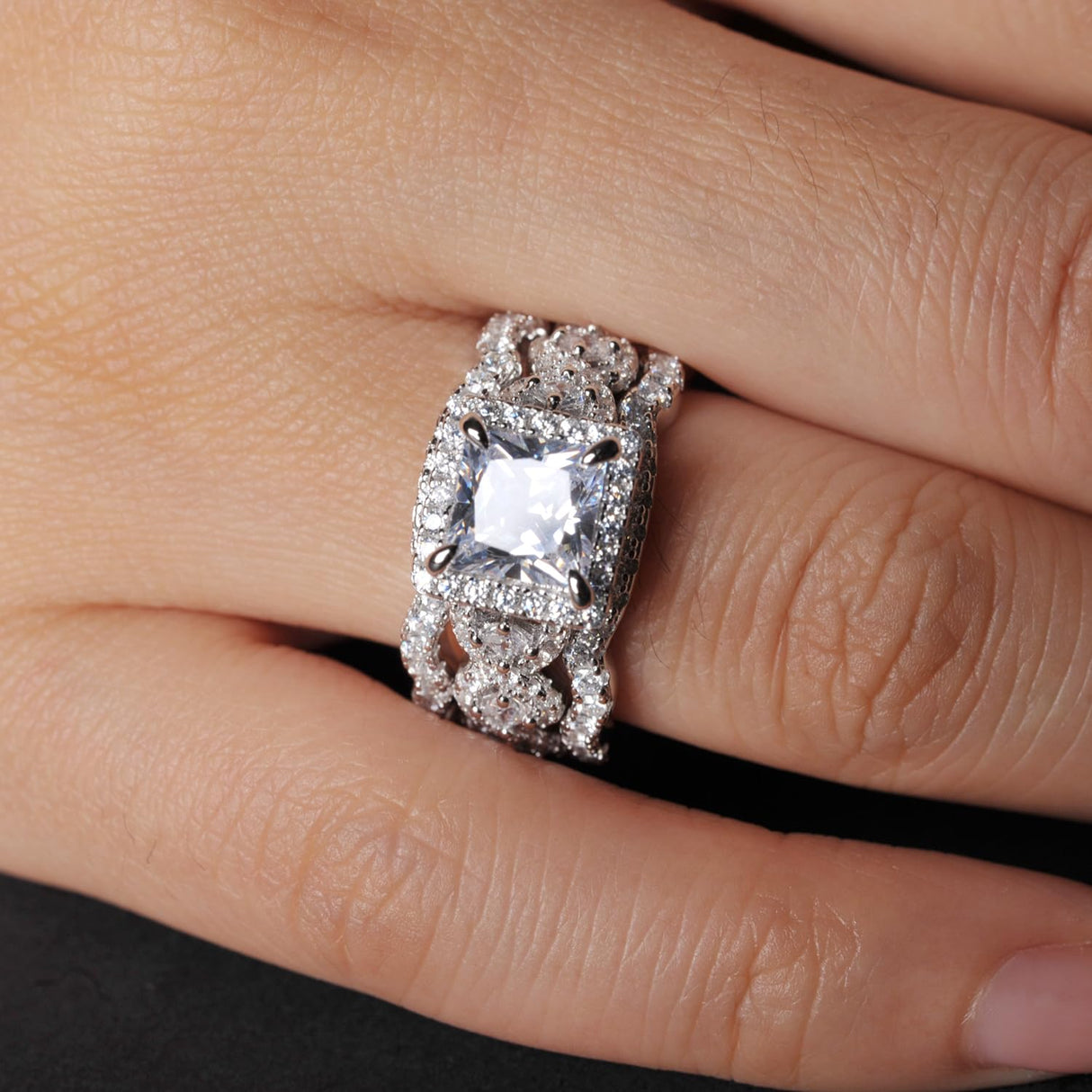 RYANEE Princess Cut Cubic Zirconia Halo Promise Engagement Ring For Women in 925 Sterling Silver, Simulated Diamond 14k White Gold Plated CZ Stackable Rings For Her, Wedding Band Bridal Ring Set 6