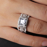 RYANEE Princess Cut Cubic Zirconia Halo Promise Engagement Ring For Women in 925 Sterling Silver, Simulated Diamond 14k White Gold Plated CZ Stackable Rings For Her, Wedding Band Bridal Ring Set 6