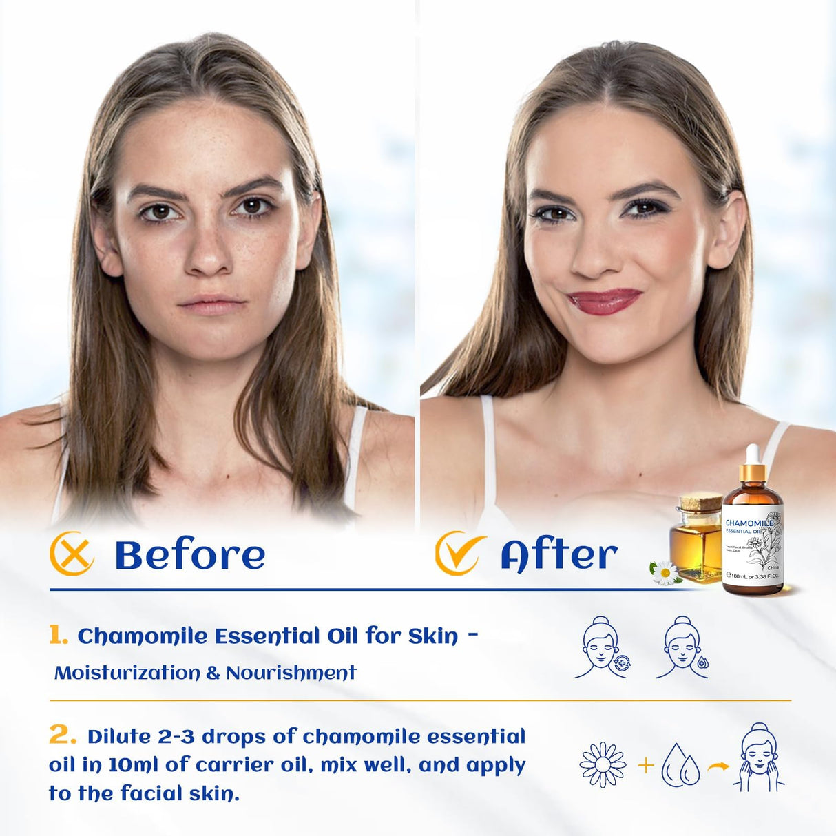 HIQILI 100ML Chamomile Essential Oil, Pure & Natural Chamomile Oil for Diffueser, Skin, Soap, Shampoo - 3.38 Fl Oz