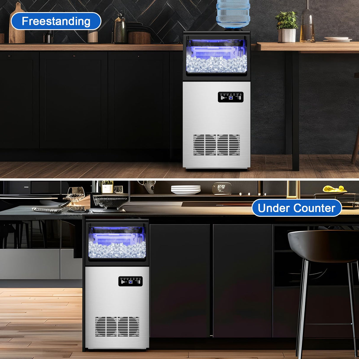 Commercial Ice Maker Machine 130 LBS/24H, 45 Ice Trays Freestanding & Undercounter Ice Machine Stainless Steel with 20 LBS Ice Storage Capacity, Ice Maker with Water Line and Filter, Dual Water Inlet