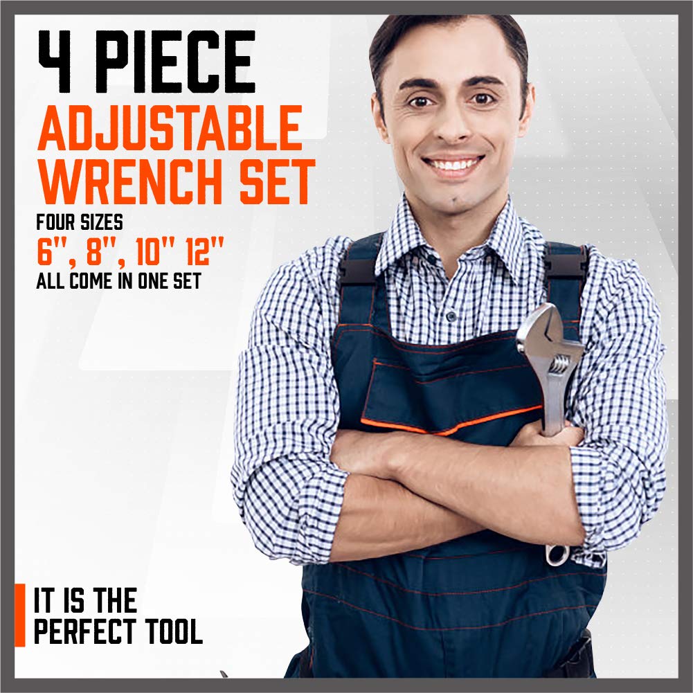 HORUSDY 4-Piece Adjustable Wrench Set, CR-V Steel, Adjustable Wrenches Set(6-inch, 8-inch, 10-inch, 12-inch)