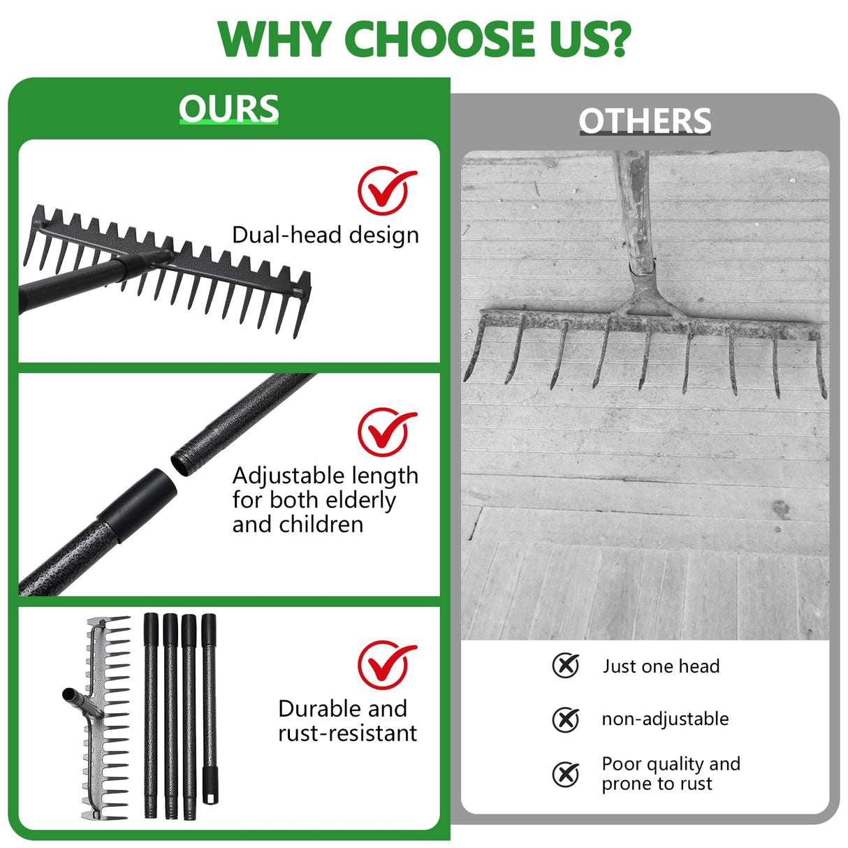 TAILERNRUYE 77 inch Bow Rake, 2-in-1 Metal Garden Lawn Rake for Weeding Digger Loosening Soil Raking Leaf Leveling Rocks Spreading Mulch Gravel 17 Tines Adjustable Garden RakeBow Rake