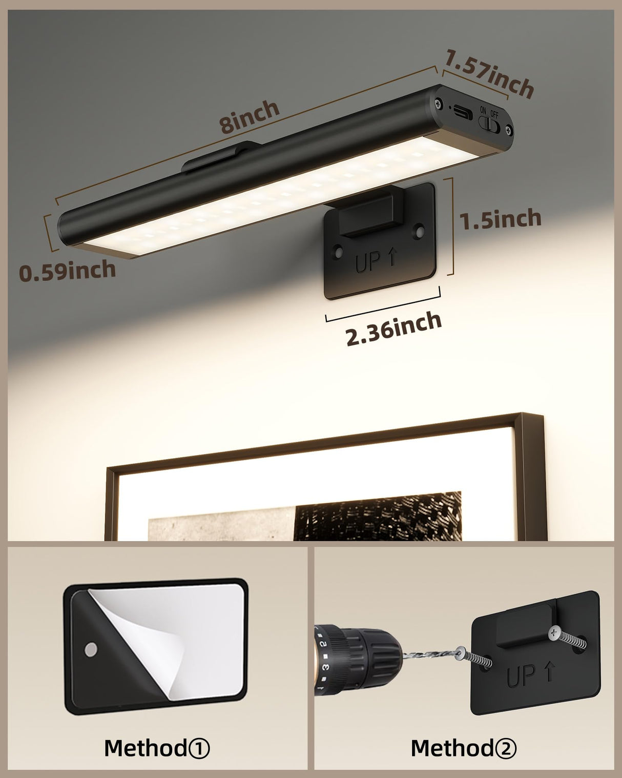 EZVALO Picture Light for Wall, Rechargeable 2400mAh Battery Lights Wireless with IR Remote, 3 Color & Dimmable Magnetic 7.8'' LED Lights Display for Painting, Living Room, Gallery, Bedroom(Black-3P)